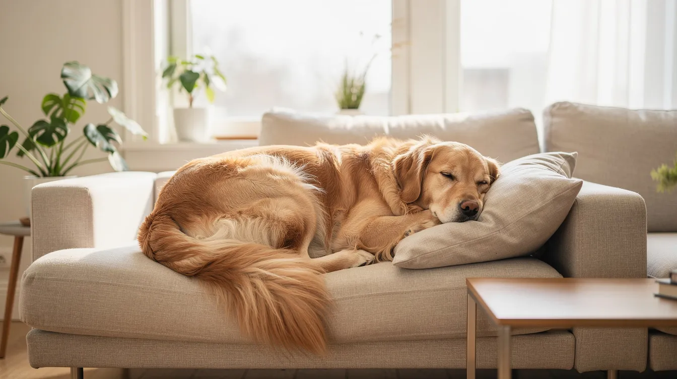 A golden retriever is peacefully resting on a clean, upholstered sofa in a bright living room, showcasing the effectiveness of professional upholstery cleaning services. The fresh atmosphere highlights the importance of maintaining clean furniture for a healthier home, especially in pet-friendly spaces.