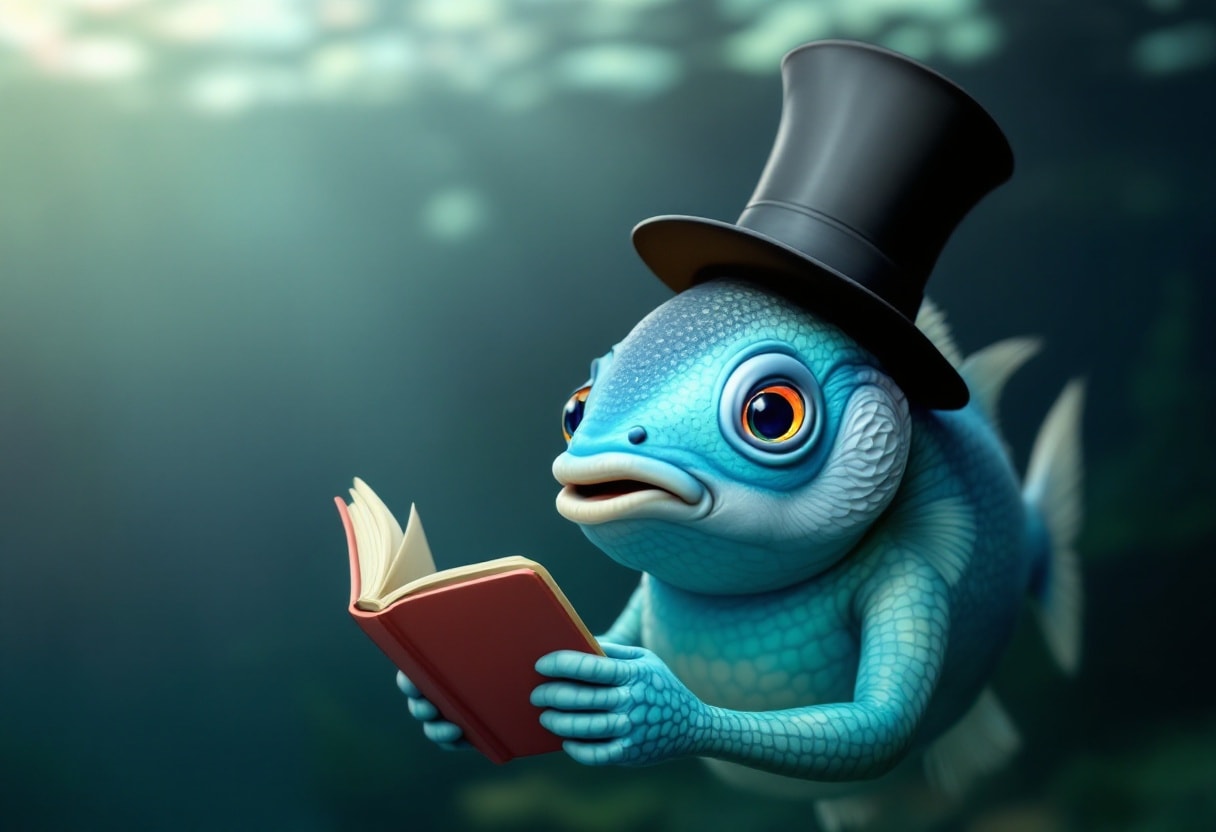 A fish wearing a top hat and reading a book.