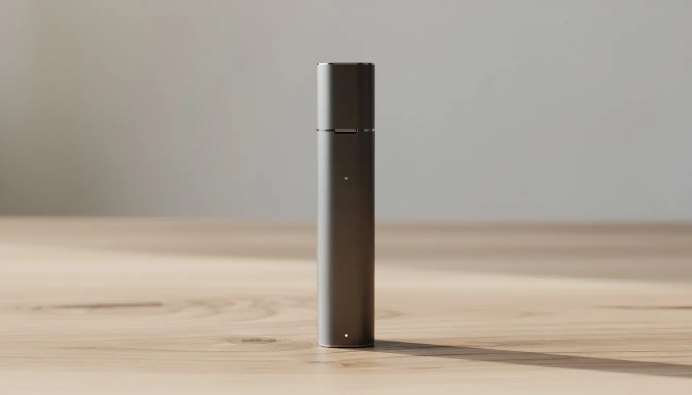Ein eleganter, portabler Vaporizer mit minimalistischem Design liegt auf einer Holzoberfläche. Das Gerät, möglicherweise ein Firefly 2 oder Firefly 2 Plus, ist für die Nutzung von Kräutern und Konzentraten konzipiert und bietet eine hohe Dampfqualität sowie eine benutzerfreundliche Bedienung.