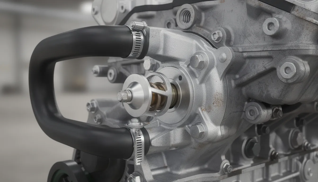 The image shows a close-up view of a diesel engine cooling system, highlighting the thermostat housing and radiator hoses, which are essential components in maintaining the temperature of heavy equipment like Bobcat machines. The intricate details of the hoses and housing indicate the importance of checking and replacing the old thermostat to ensure optimal engine performance.