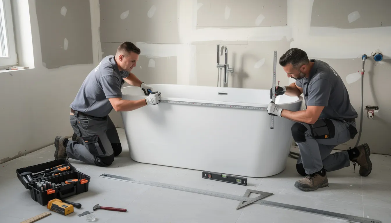 An installation team is carefully placing a new bathtub in a bathroom, using precision measuring tools to ensure a perfect fit. This process is part of a bathroom remodel that emphasizes easy installation and safety features.