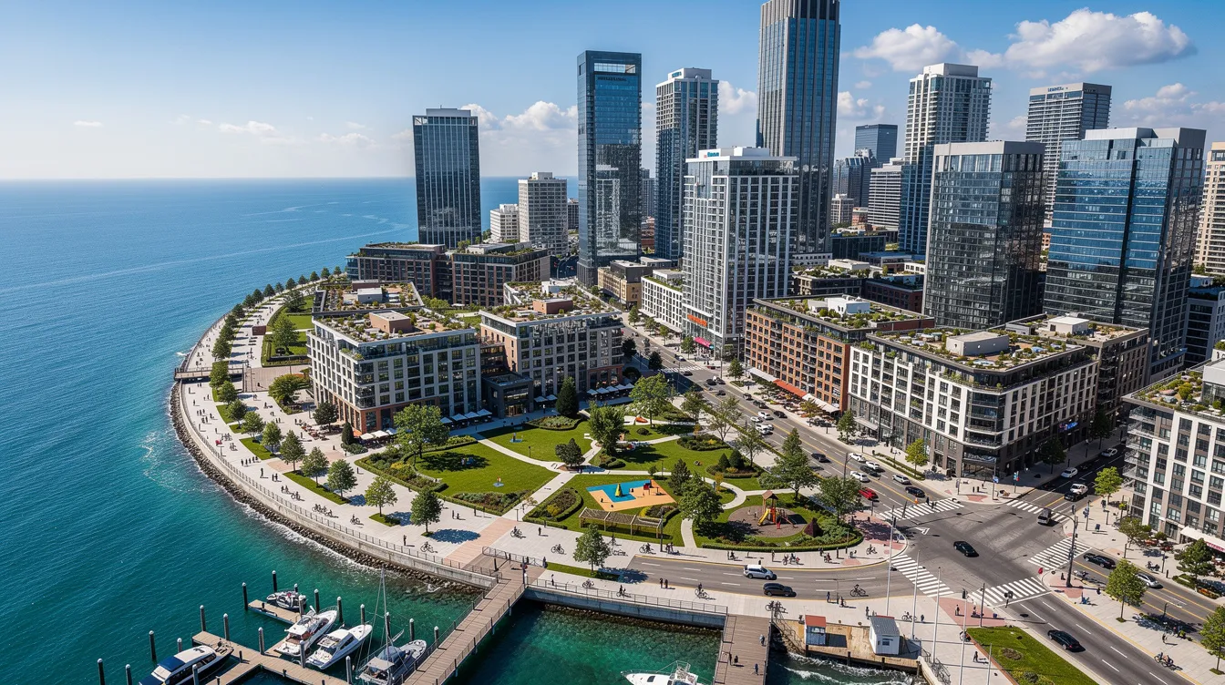 An aerial view showcases a vibrant modern coastal city featuring sleek skyscrapers, lush parks, and bustling waterfront promenades, all under a clear blue sky. This image reflects the principles of the Dubai 2040 urban master plan, emphasizing sustainable development and green spaces amid urban growth.