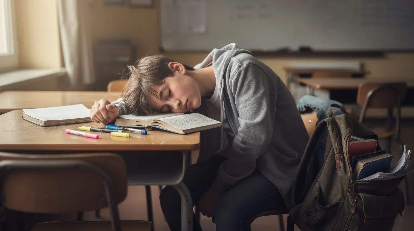 The image depicts a tired teenager resting their head on a desk, surrounded by books and a backpack, illustrating the signs of extreme tiredness often associated with chronic fatigue syndrome. This scene reflects the challenges many adolescents face in balancing schoolwork and physical activity, leading to feelings of low mood and fatigue.