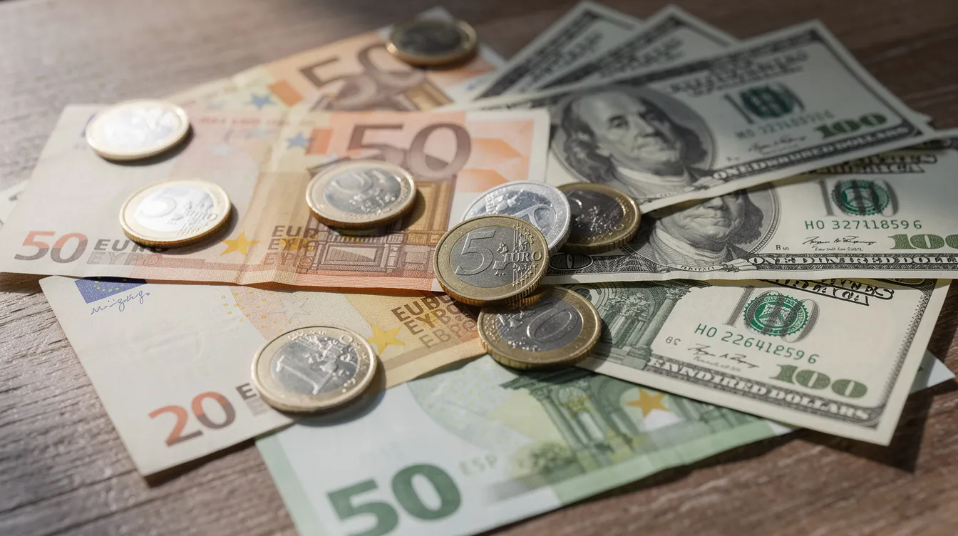 The image features a collection of euro banknotes and coins displayed alongside US dollar bills on a table, illustrating the contrast between euro payments and US currency. This assortment highlights the importance of understanding swift and sepa transfers for efficient international payments and cross-border transactions.