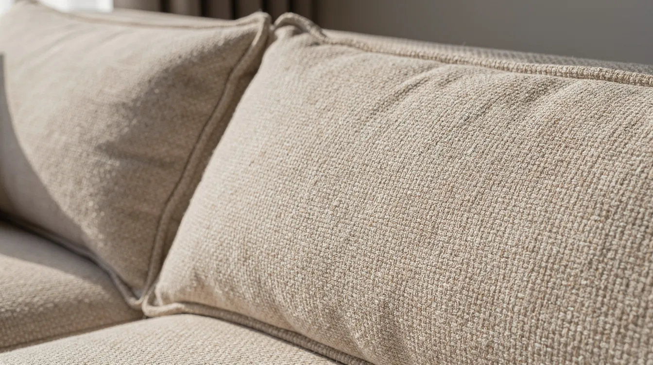 A close-up view of plush, fibre-wrapped sofa cushions in a soft beige tone, highlighting their inviting texture and comfort, ideal for a stylish corner sofa in a living room layout. The cushions suggest a perfect choice for creating a relaxing seating area that complements modern designs.