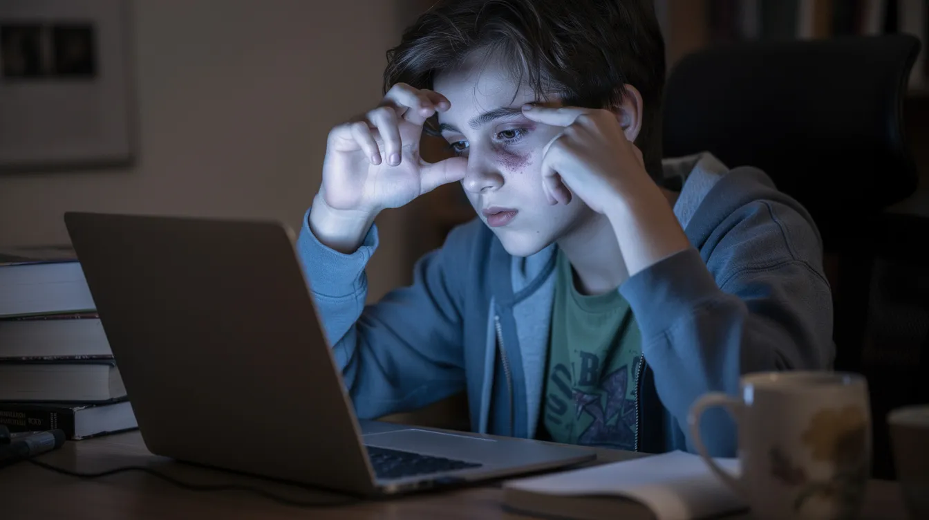 A close-up image of a tired teenager sitting at a desk, rubbing their eyes while staring at a laptop, reflects the physical symptoms of screen addiction. This scene highlights the potential negative consequences of excessive screen time on mental health, particularly among adolescents.