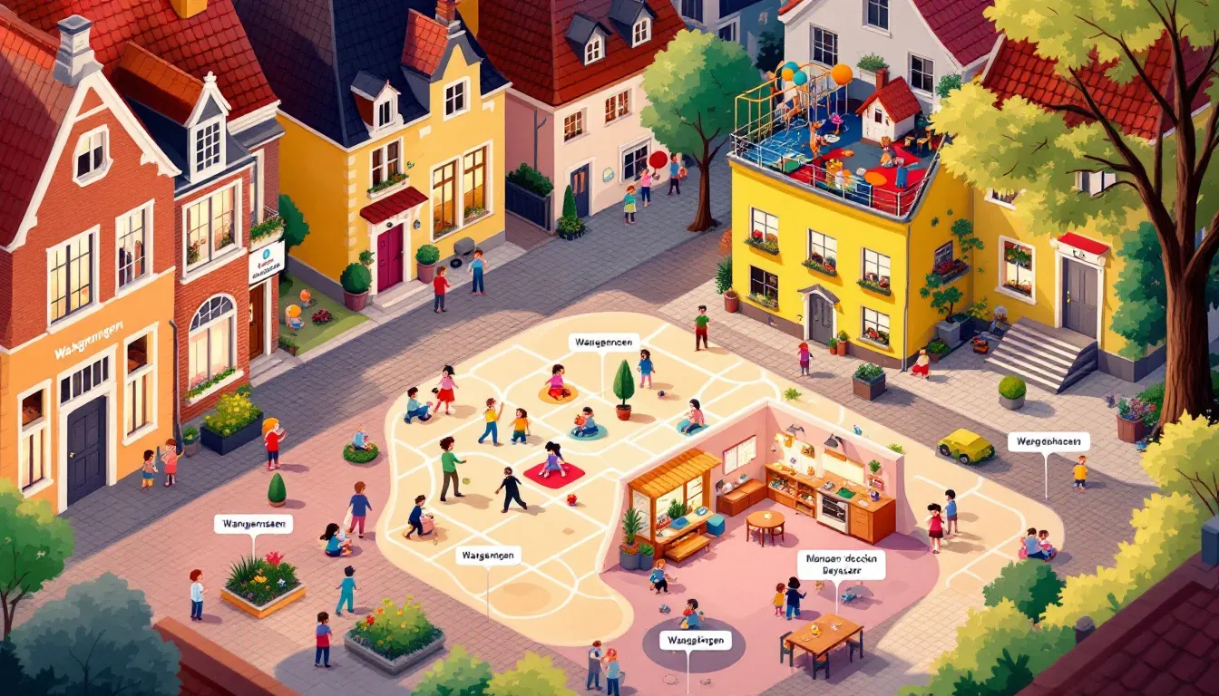 Locations of childcare in Wageningen, with a map and images of various care locations.