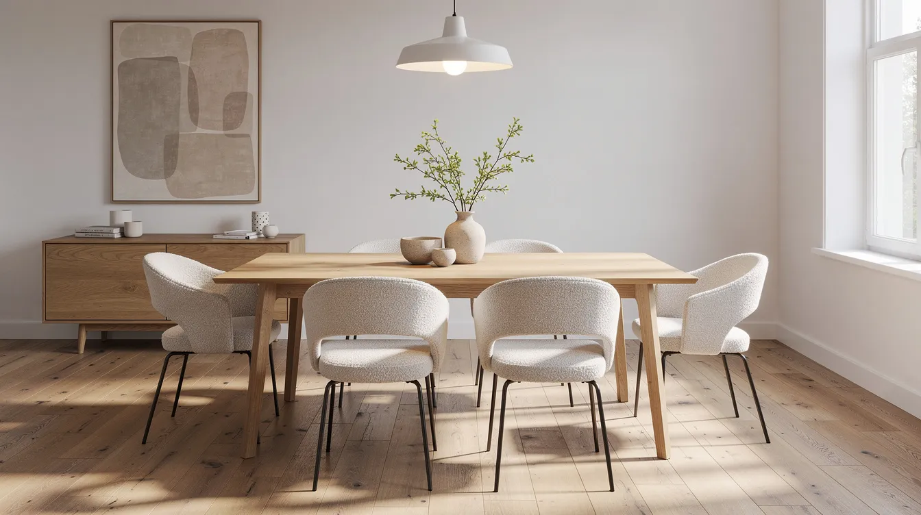 Een sfeervolle eetkamer met een eiken eettafel omringd door stijlvolle bouclé stoelen in een zachte beige tint. De pluizige textuur van de bouclé bekleding voegt een luxe uitstraling toe aan de ruimte, terwijl de combinatie van verschillende materialen en kleuren een warm en uitnodigend interieur creëert.