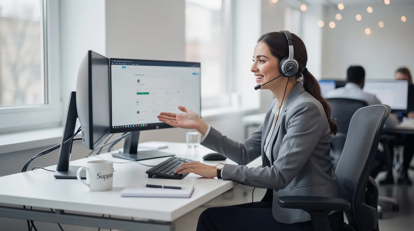 The image depicts a friendly customer support agent wearing a headset, attentively assisting a customer at a modern office desk. This scene highlights the importance of efficient services like Karnataka Bank's international money transfer, ensuring hassle-free remittance for both individuals and businesses.