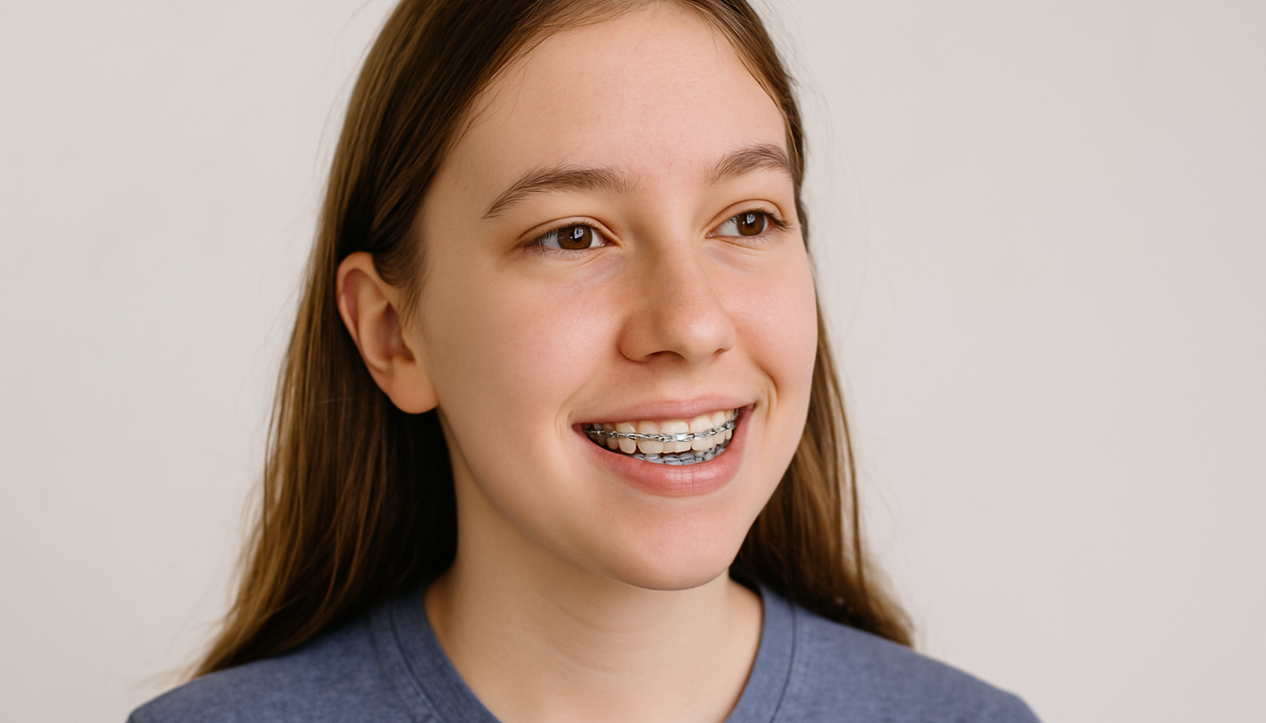 Ung jente med regulering smiler naturlig, viser tannregulering tydelig og illustrerer starten på en tannbehandling.