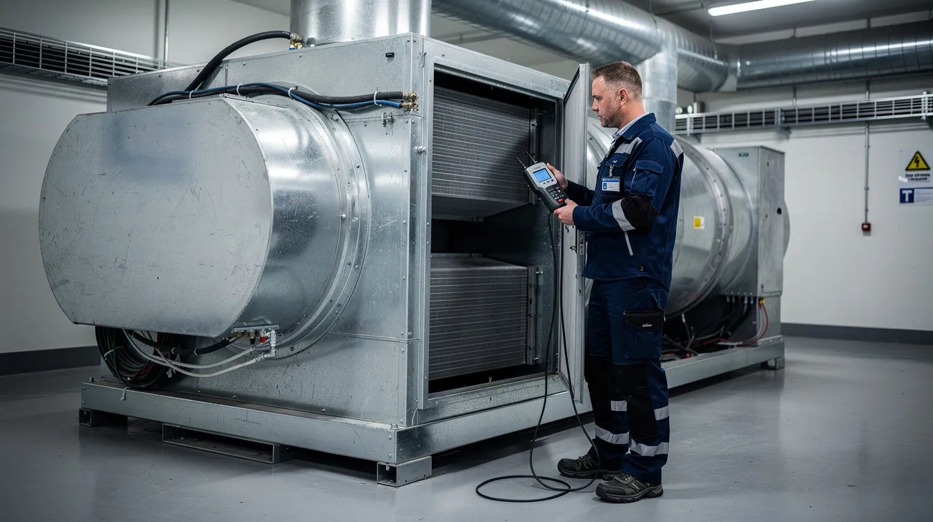 En ventilationstekniker iført arbejdstøj inspicerer et stort ventilationsaggregat med kalibreret måleudstyr i hånden, hvilket sikrer optimal drift og et sundt indeklima. Teknikeren viser sin erfaring og fokus på at levere professionelle ventilationsløsninger til både små og store projekter.