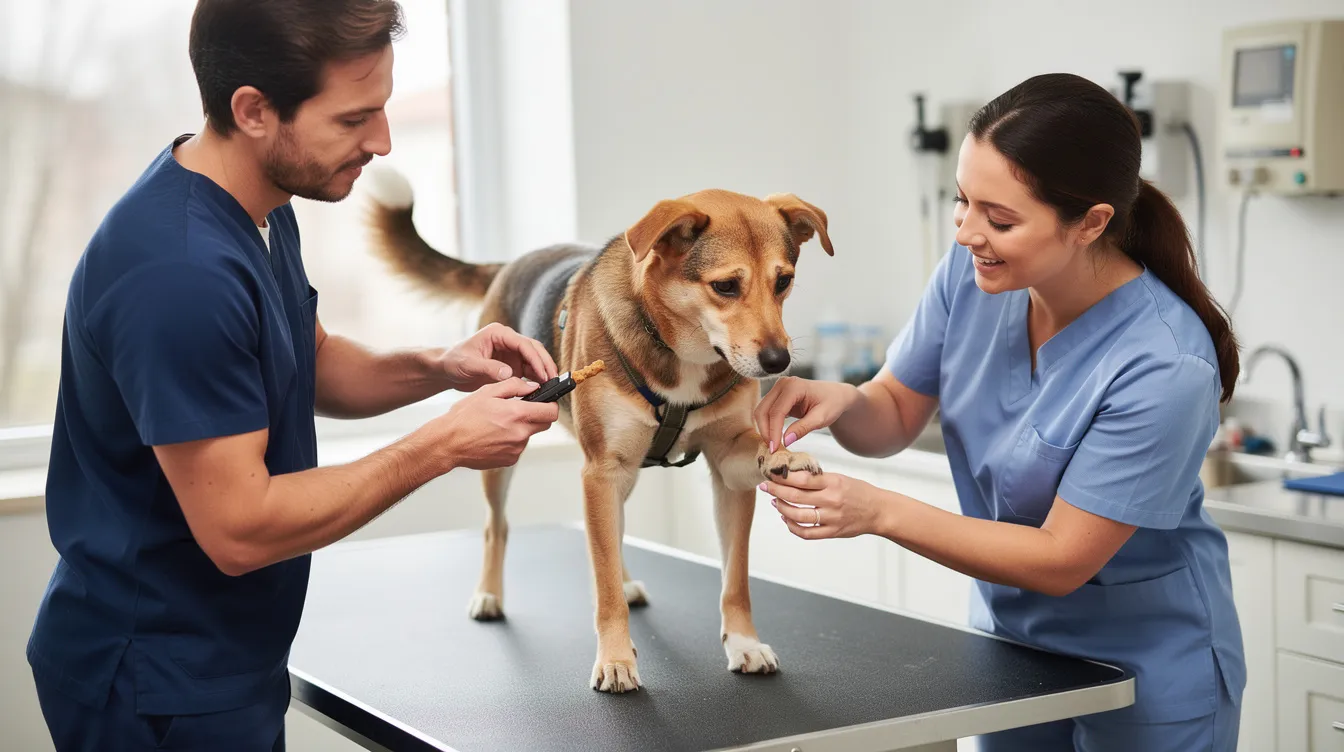 The image depicts a dog calmly participating in a veterinary care session, showcasing cooperative care training techniques such as a chin rest and positive reinforcement. The scene emphasizes the dog's comfort and willingness to engage with veterinary staff, highlighting the importance of stress-free handling during vet visits and grooming procedures.