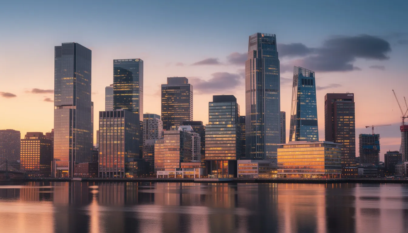 The image depicts a modern city skyline at dusk, showcasing high-rise buildings that reflect the warm hues of the sunset. This vibrant urban scene captures the essence of a bustling metropolis, highlighting the architectural beauty of contemporary structures against the evening sky.