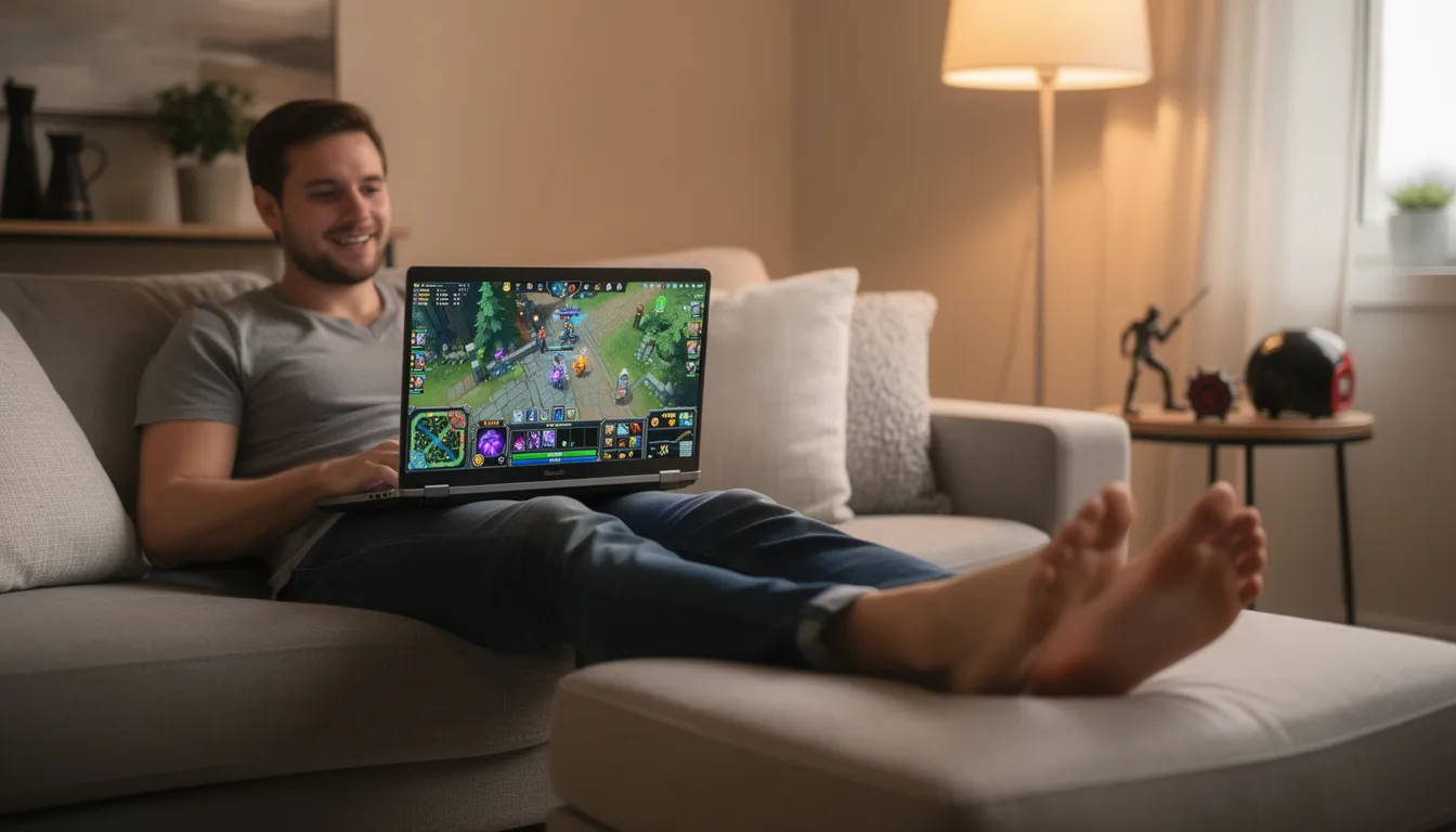 En person sitter avslappnat på en soffa med en laptop i knät, där skärmen visar ett online spelgränssnitt för ett casino, med inslag av "ancient fortunes poseidon megaways" och möjligheten att få "150 free spins". Atmosfären är lugn och bekväm, vilket skapar en perfekt miljö för att njuta av spelande hos mega riches.