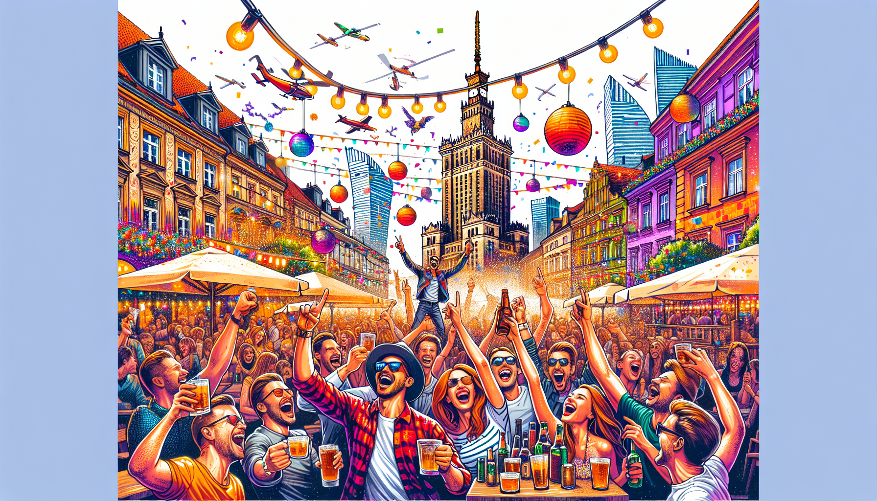 A vibrant illustration showcasing various stag activities in Warsaw, including nightlife and group fun.