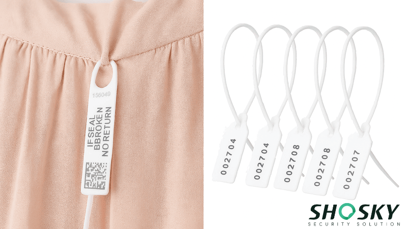 Retail security shield fastened to women's clothing with unique QR code