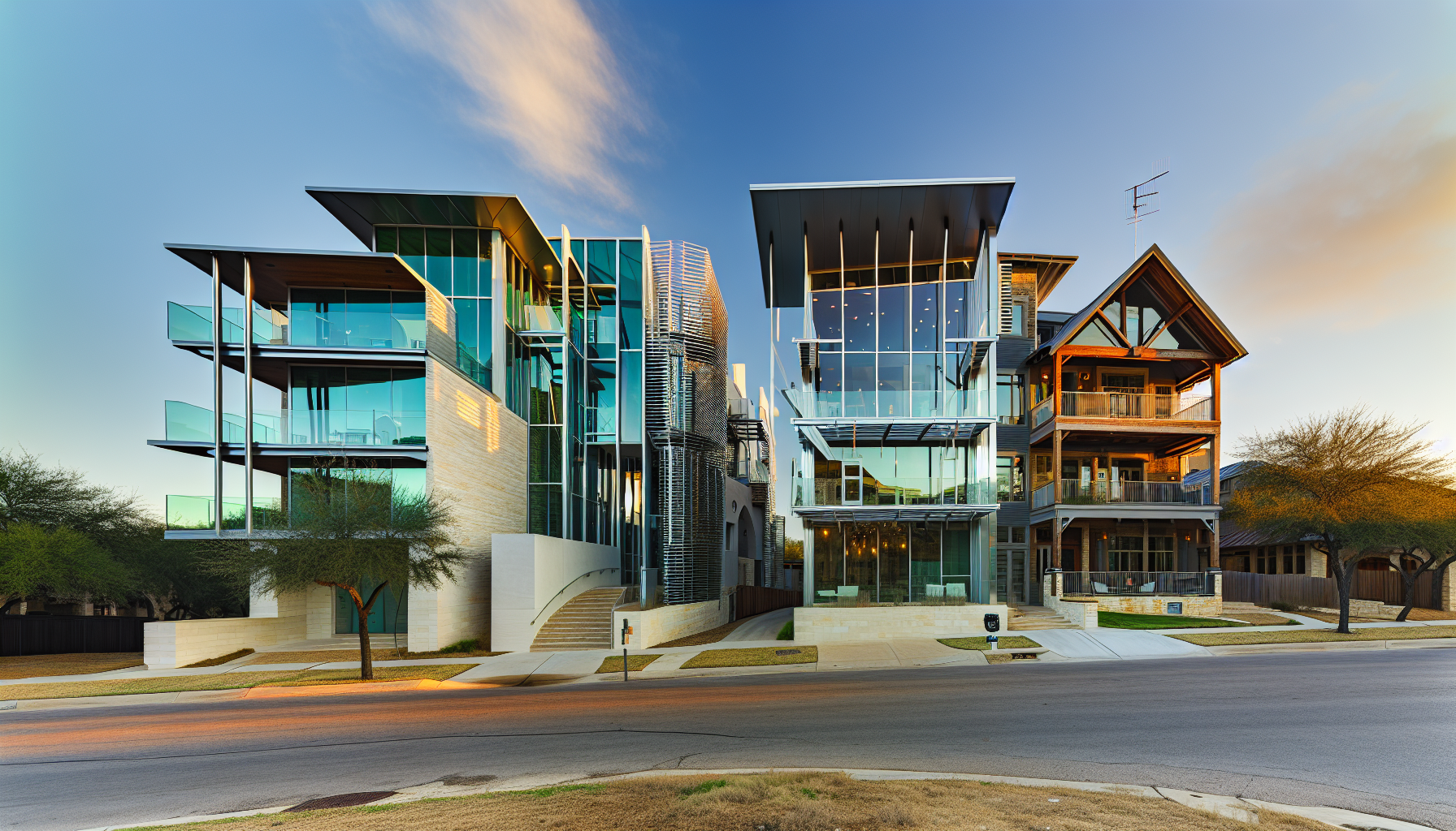 Contrast of modern and traditional architecture in Austin gated communities