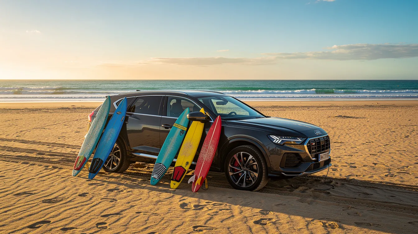 Un SUV est garé sur une plage de sable, avec des planches de surf appuyées contre le véhicule, tandis que l'océan s'étend à l'arrière-plan. Cette scène évoque des vacances à Agadir, idéale pour les amateurs de surf et de location de voitures.