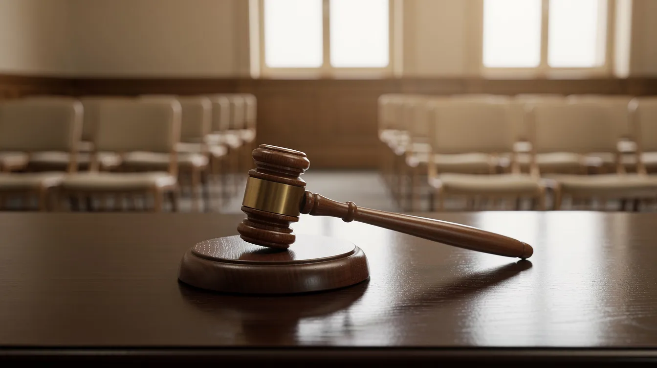 The image shows a wooden gavel resting on a desk in a formal hearing room, with neatly arranged chairs indicating a setup for a legal proceeding. This setting is often associated with discussions about social security disability benefits and medical evidence related to conditions such as degenerative disc disease and chronic back pain.