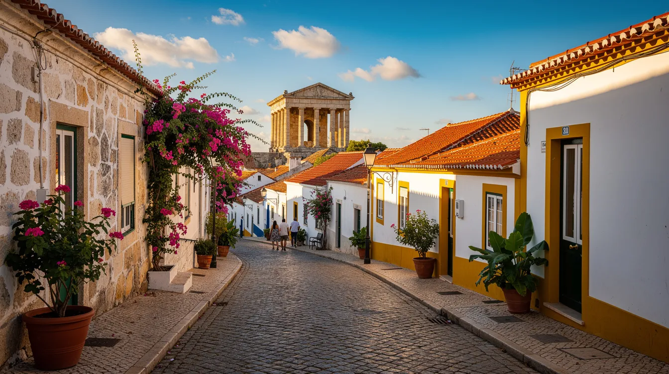 A imagem mostra uma vista deslumbrante da cidade de Évora, em Portugal, durante o verão, destacando suas colinas, arquitetura histórica e a natureza ao redor. O cenário é perfeito para capturar a essência cultural e os patrimônios da região, tornando-se um destino encantador para visitantes.