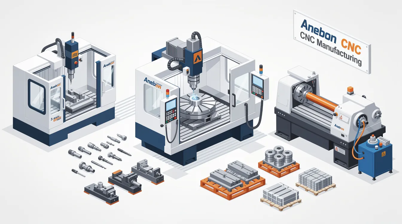 The image showcases various CNC machines, including CNC mills, lathes, and routers, highlighting their components like the machine spindle and automatic tool changer. It emphasizes their role in the manufacturing industry for precision machining processes, capable of creating complex shapes in materials such as metal, wood, and plastic.