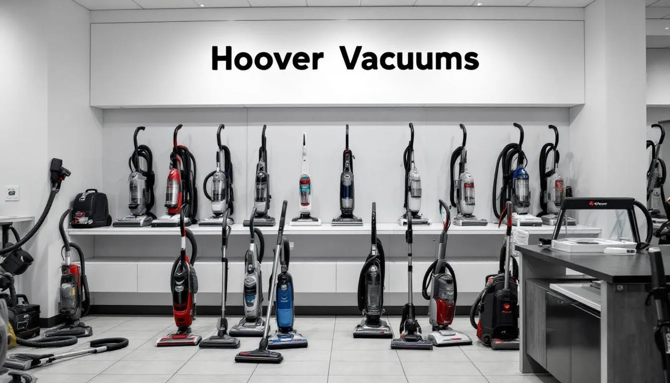 Top 3 Best Carpet Cleaning Home Tips for a Fresh and Spotless Floor 4 In a Hoover vacuum store, various upright and canister vacuum cleaners are displayed, showcasing different models designed for effective carpet cleaning. The image highlights the range of carpet cleaning machines available, emphasizing their user-friendly designs and capabilities for tackling tough stains and pet hair.