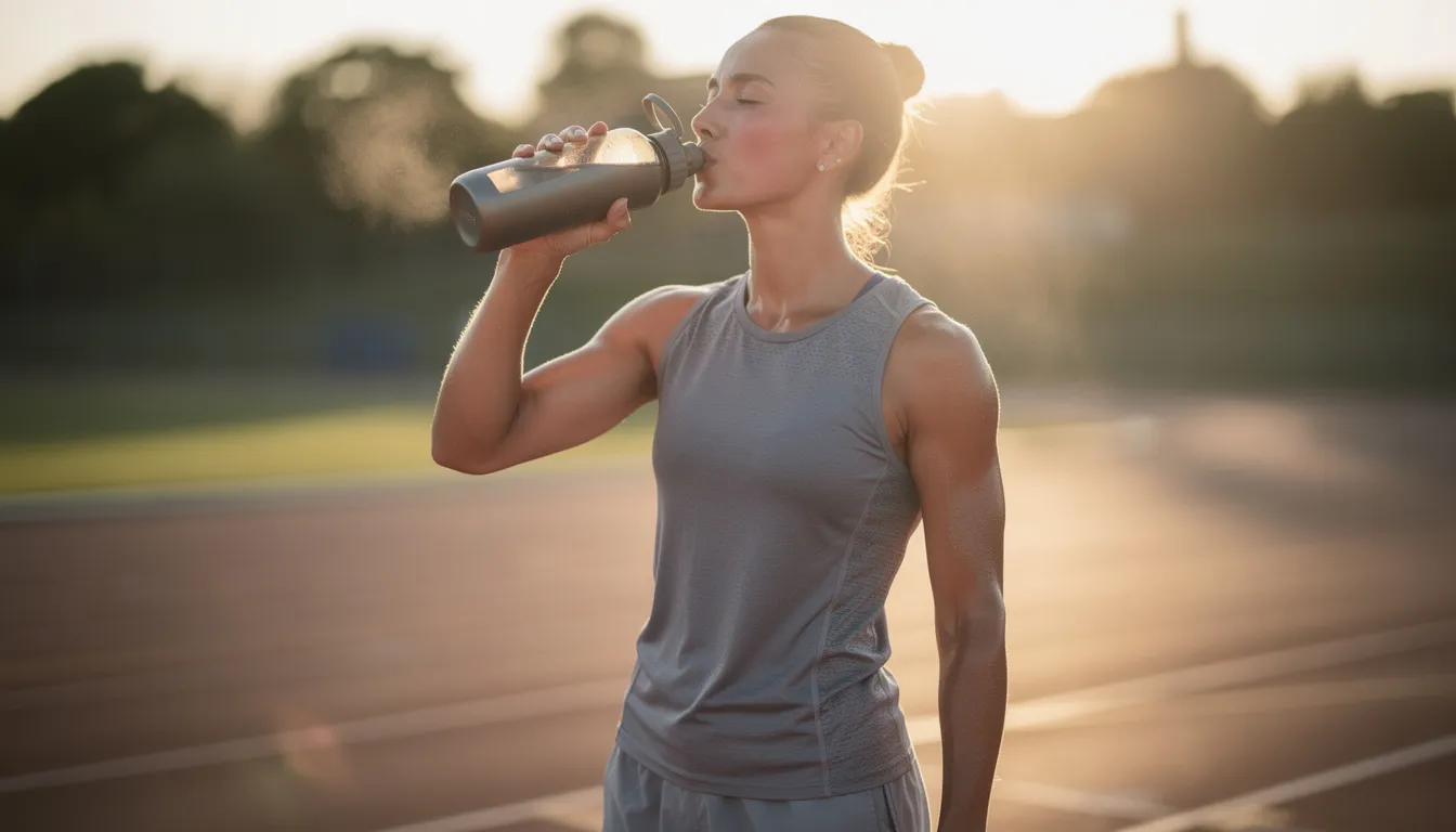 An athletic person is seen drinking water from a sports bottle after an intense workout, highlighting the importance of hydration in exercise performance. This image reflects the post-exercise routine that can be essential for those taking creatine supplements to help increase muscle mass and manage temporary water weight gain.