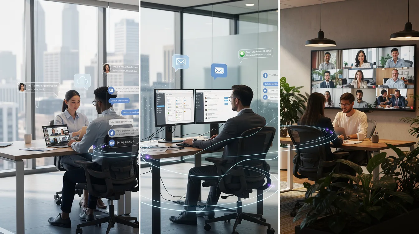 The image depicts three professionals collaborating from different office locations, utilizing digital communication tools to connect and streamline their business operations. This collaboration highlights the significance of outsourcing and offshoring in the global outsourcing services market, enabling companies to save money and tap into specialized talent across overseas teams.