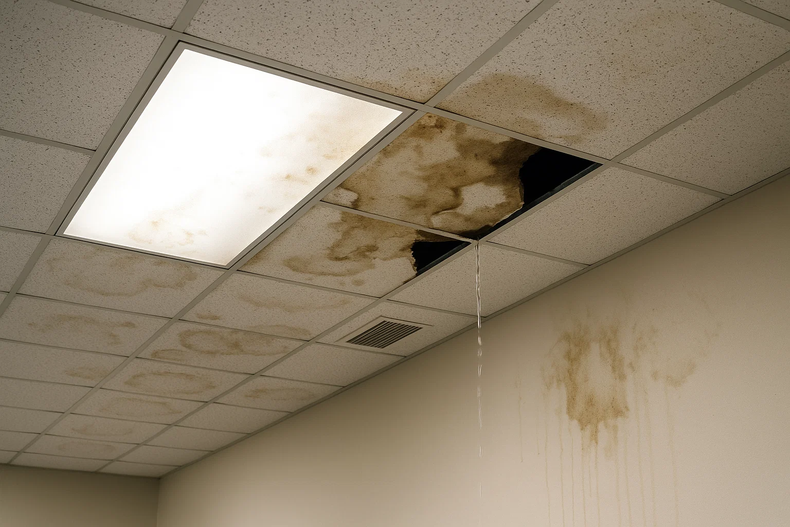 Water-damaged office ceiling caused by delayed flat roof repair.