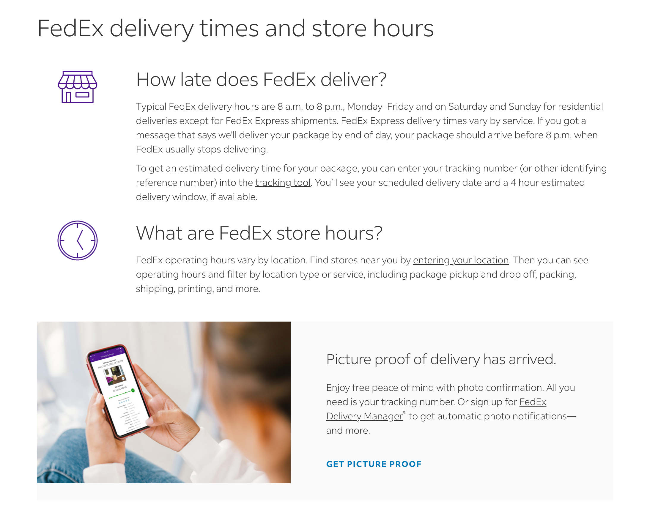 Screenshot of information about FedEx store hours