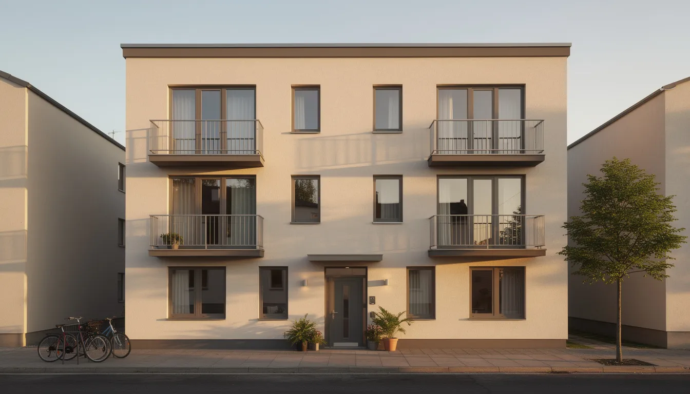 The image depicts a small apartment building, showcasing a multi-story structure with several rental units, which can generate passive income for real estate investors. This type of property can provide tax benefits such as deductions on mortgage interest and property taxes, helping to reduce taxable income for high income earners.