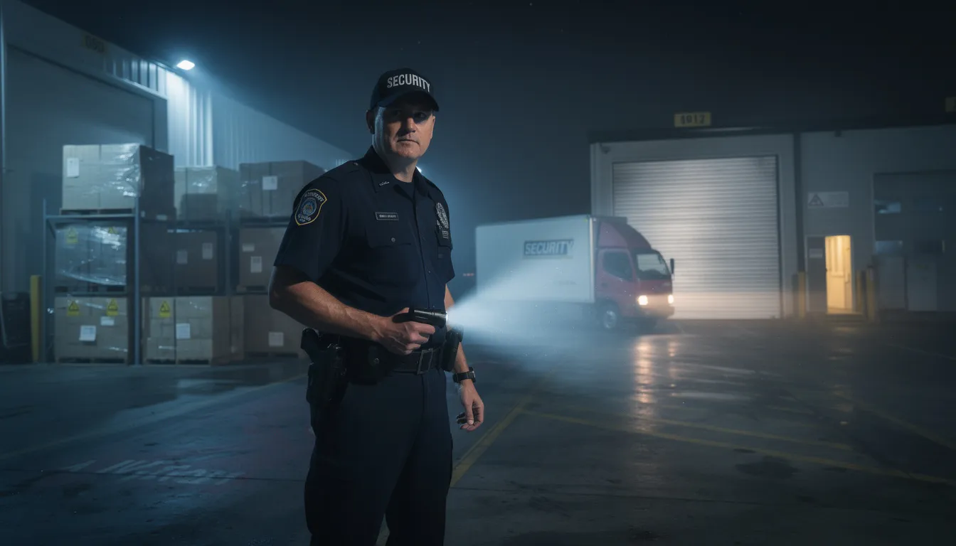 A uniformed security officer is inspecting a warehouse loading bay at night, using a flashlight to maintain visibility and deter potential threats. This proactive approach reflects the essential role of security personnel in safeguarding industrial sites and ensuring safety.