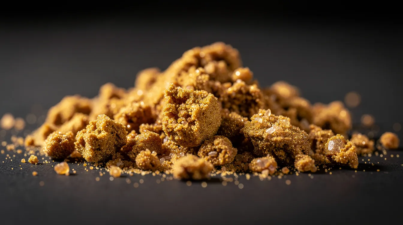This close-up shows high-quality golden bubble hash with a sandy texture on a dark surface. This cannabis extract, produced using the bubble hash method, highlights the trichomes and the purity of the final product.