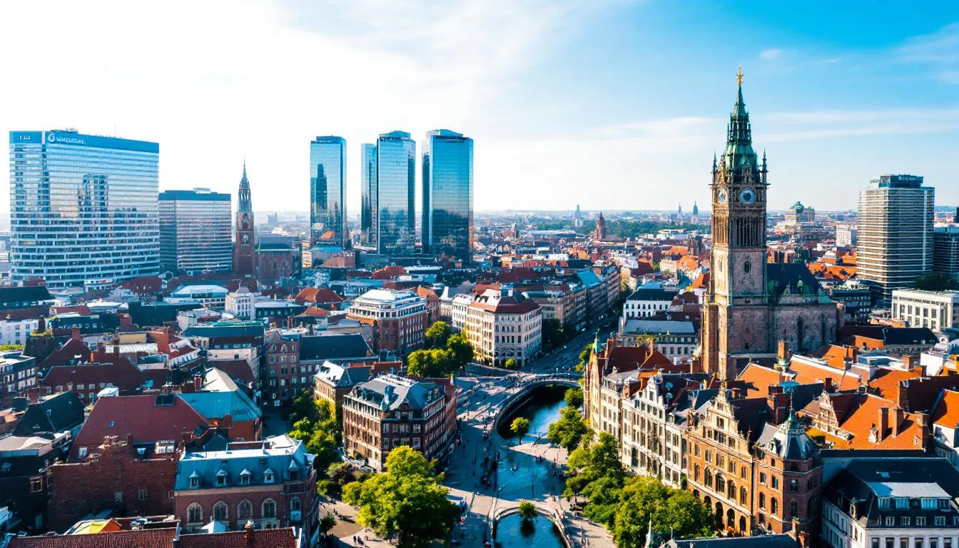 An aerial view captures a European city showcasing a blend of historic and modern architecture, with charming old buildings juxtaposed against contemporary structures. This vibrant urban landscape reflects the diverse cultural heritage and evolving service provision within the European Union.