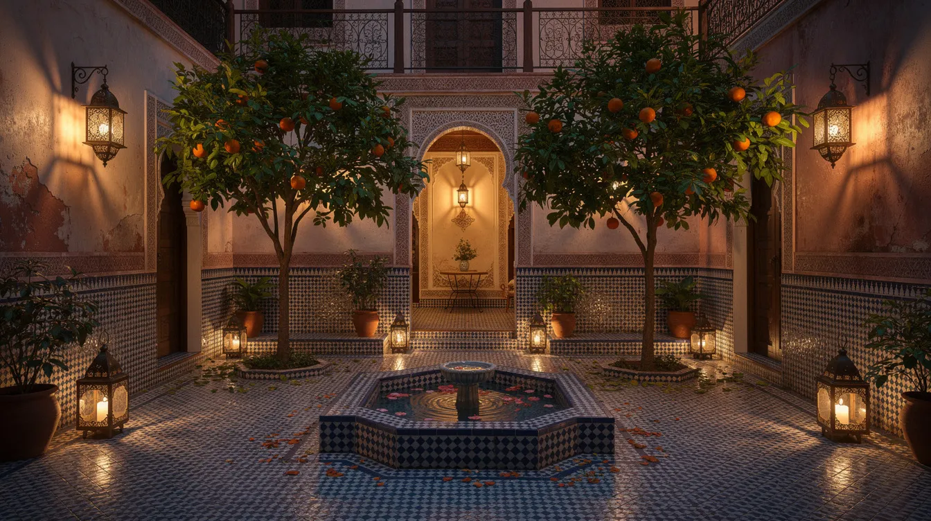 The image depicts a serene riad courtyard adorned with intricate mosaic tiles, surrounded by lush orange trees and softly glowing lanterns, embodying traditional Moroccan style. This tranquil setting invites visitors to relax and enjoy the rich history of the imperial cities of Morocco.