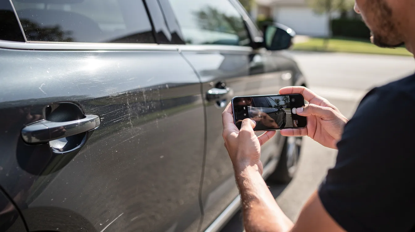 A person is using a smartphone to photograph the side panel of their car, capturing details that may be useful for car shipping services. This action might be part of preparing for terminal to terminal car shipping, ensuring the vehicle's condition is documented before transport.