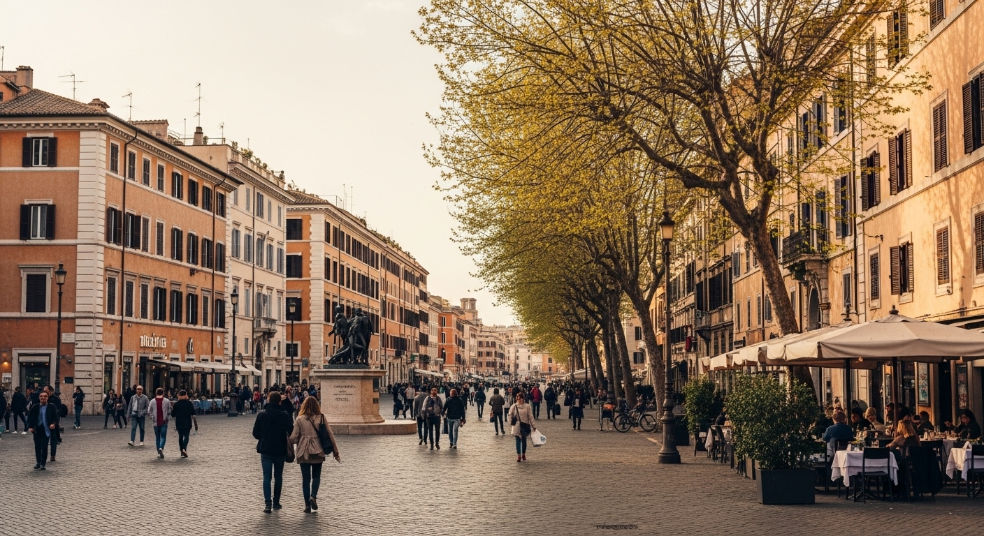 Rome during early fall, with soft light, mild weather, and people enjoying the city at a relaxed pace that highlights its most comfortable and inviting season.