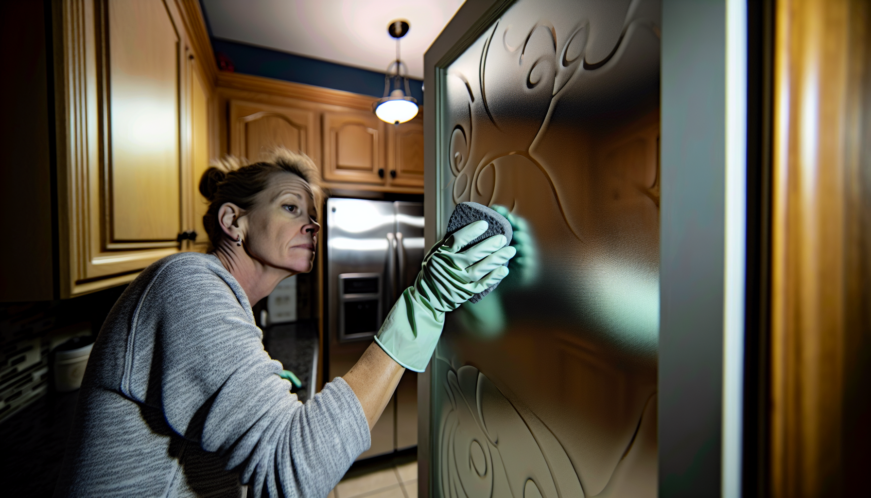 A person wearing rubber gloves and using a pumice stone to address tough stains on a frosted glass pantry door