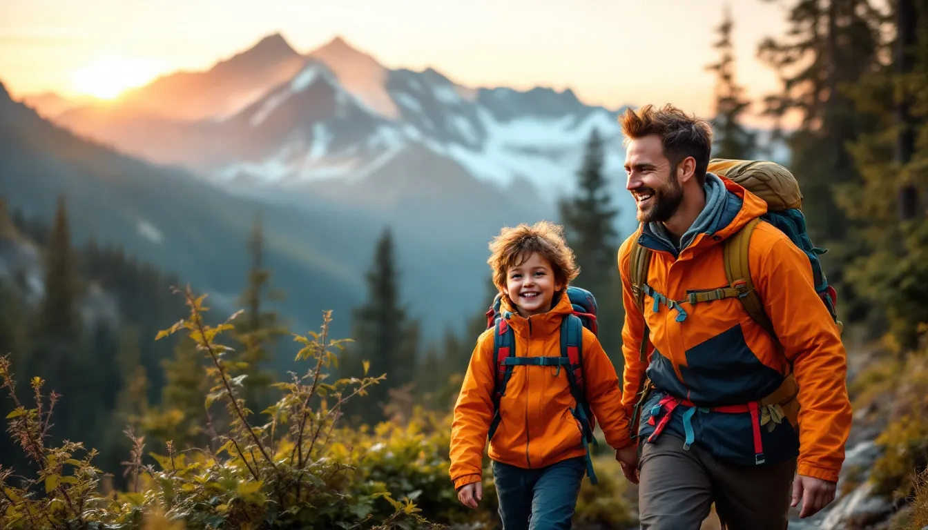 A smiling dad and his child hike together along a forest trail at sunrise, both dressed in durable outdoor gear and carrying a backpack, with a breathtaking mountain landscape in the background, embodying the spirit of outdoor adventures and making it a perfect Father’s Day gift idea. The warm lighting creates an inspirational mood, highlighting their shared joy in exploring the great outdoors.