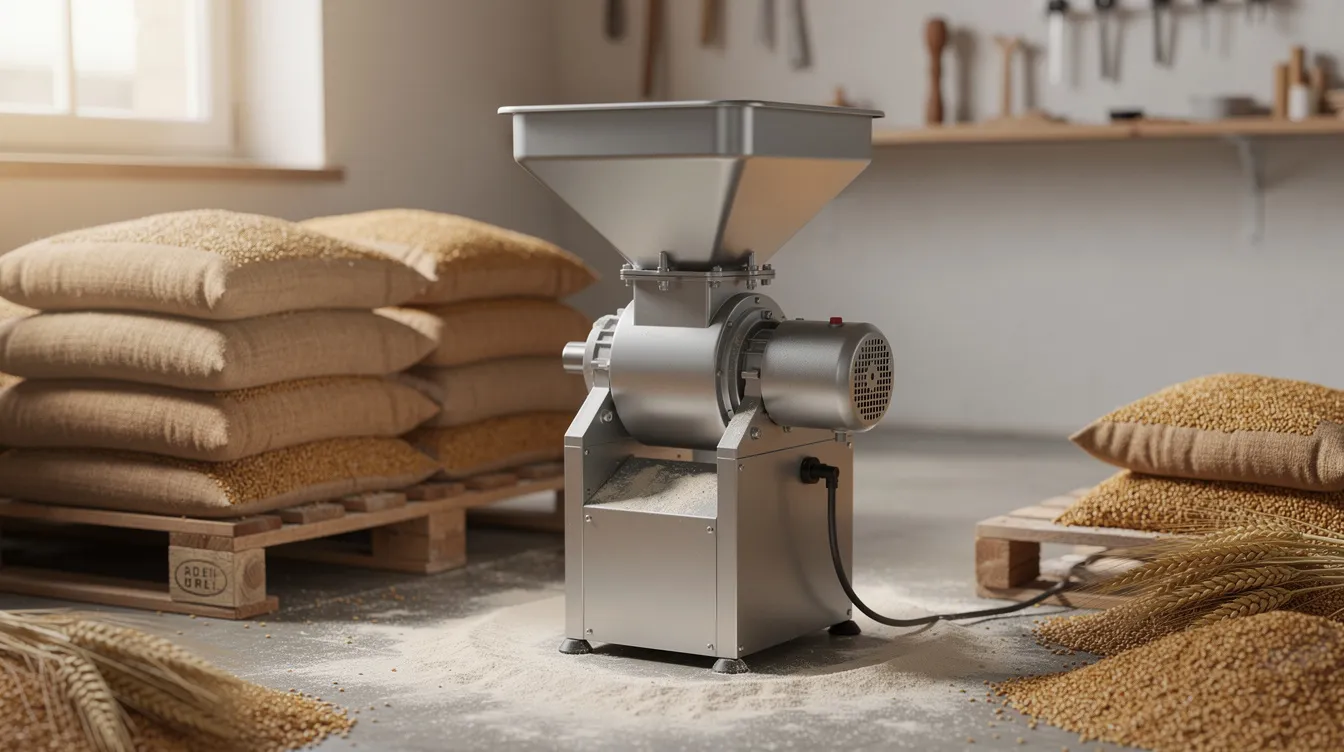 1ec6dae5 e899 4668 85d2 6856b81e385c The image shows a small flour milling machine positioned in a workshop, surrounded by neatly stacked bags of grain, illustrating a setup that could support small businesses under the mudra loan project. This scene reflects the potential for micro enterprises to utilize such equipment for financial viability and business performance.