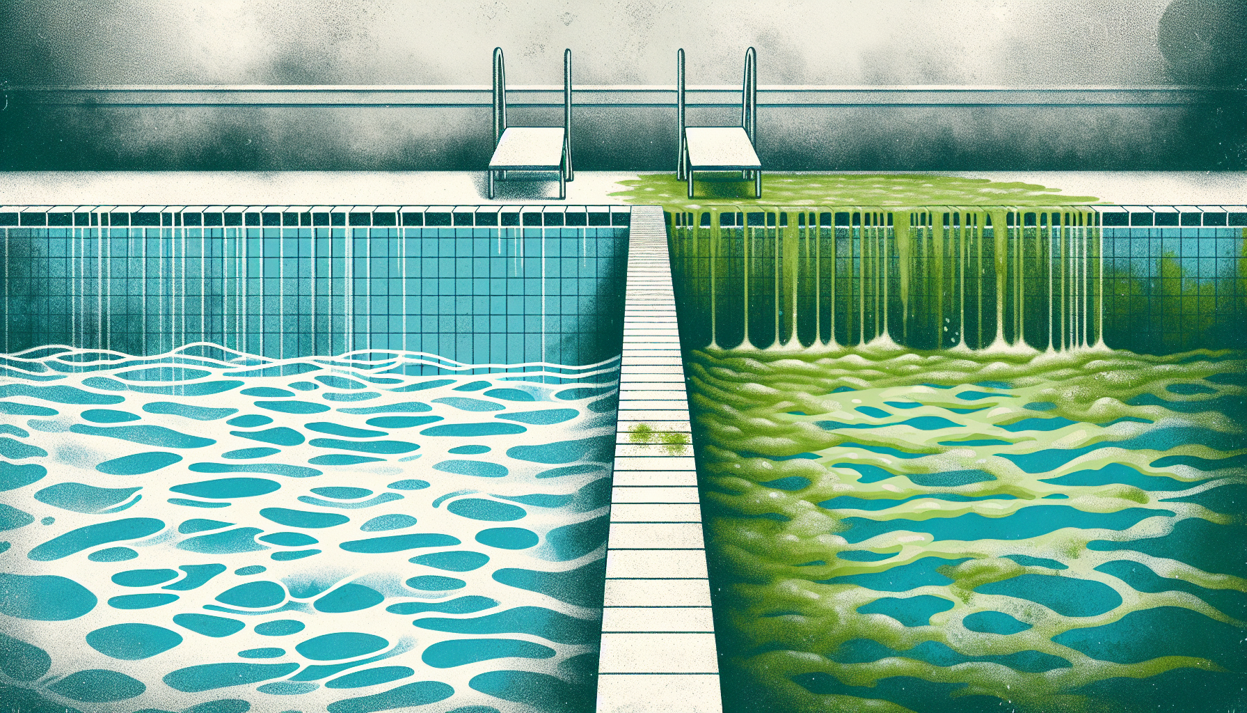 Illustration of a pool with imbalanced CYA levels leading to algae growth