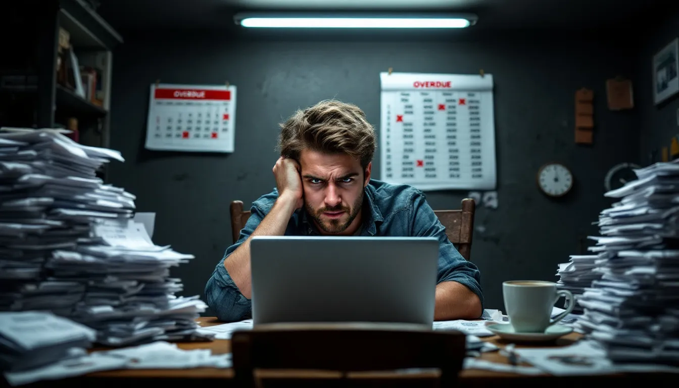 A young adult appears stressed while reviewing a pile of bills and debt documents, reflecting the overwhelming financial struggles associated with unsecured debts like credit card balances and student loan debt. This scene captures the emotional toll of managing personal finances and the potential need for credit counseling or filing for bankruptcy.
