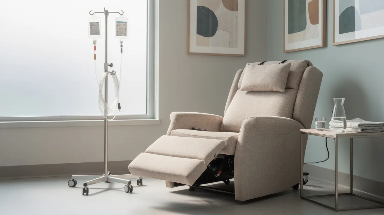 The image depicts a cozy clinical infusion room featuring a reclining chair and an IV stand, designed for NAD IV therapy sessions aimed at enhancing cellular health and energy levels. This comfortable setting is ideal for patients seeking treatments that promote long-term health and support metabolic processes.