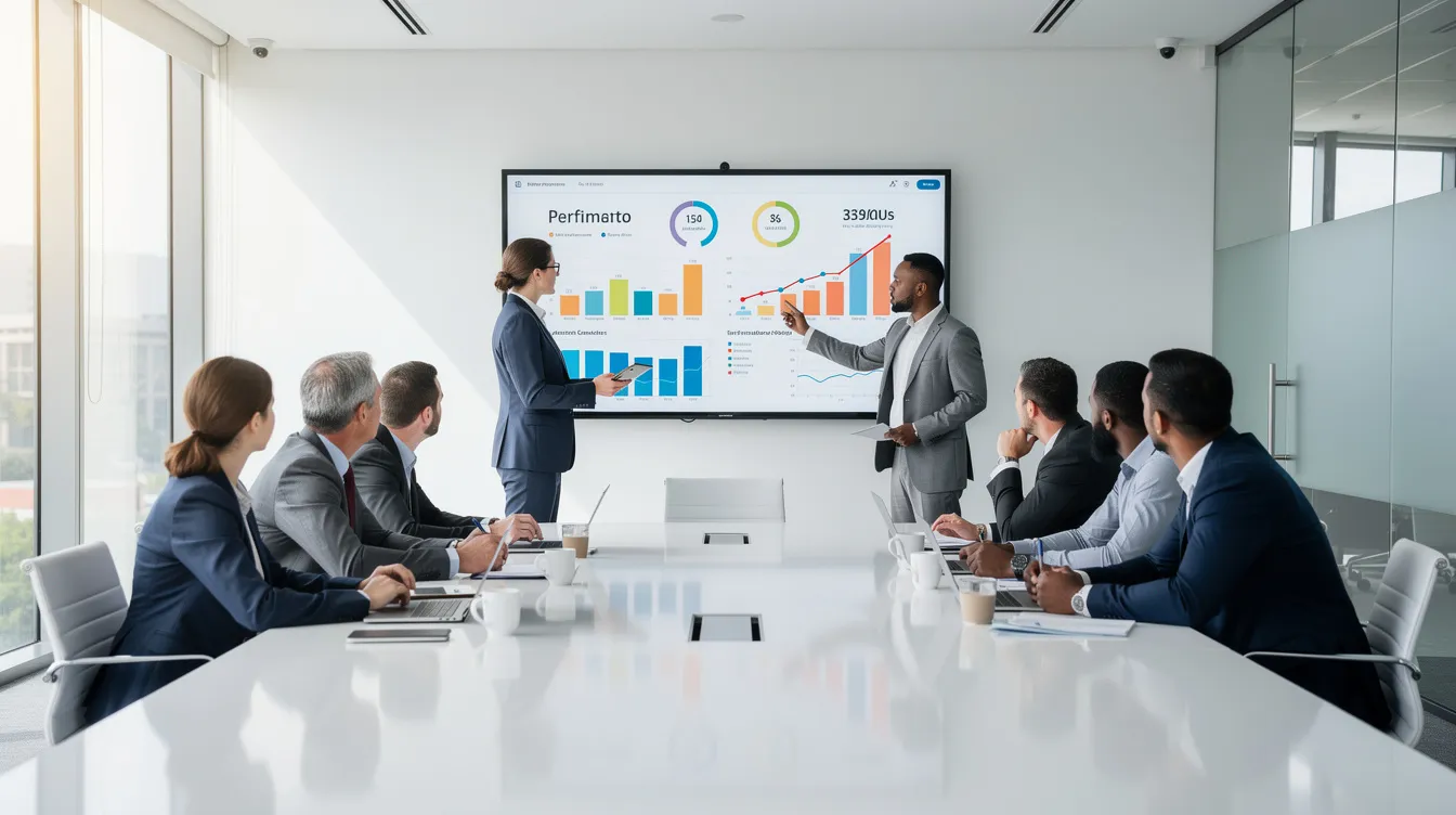 Un equipo de profesionales de negocios observa datos en una pantalla grande dentro de una sala de reuniones luminosa, utilizando herramientas de inteligencia artificial para analizar información y mejorar sus estrategias de ventas. La atmósfera es colaborativa, enfocada en la búsqueda de oportunidades y la optimización de resultados.