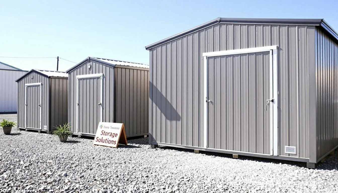 The image showcases a variety of storage sheds, ranging from smaller sheds to larger models, neatly arranged in a demonstration area. These garden sheds, made from materials like wood, metal, and plastic, provide an ideal storage solution for gardening tools, outdoor toys, and equipment, all while being weather resistant and low maintenance.