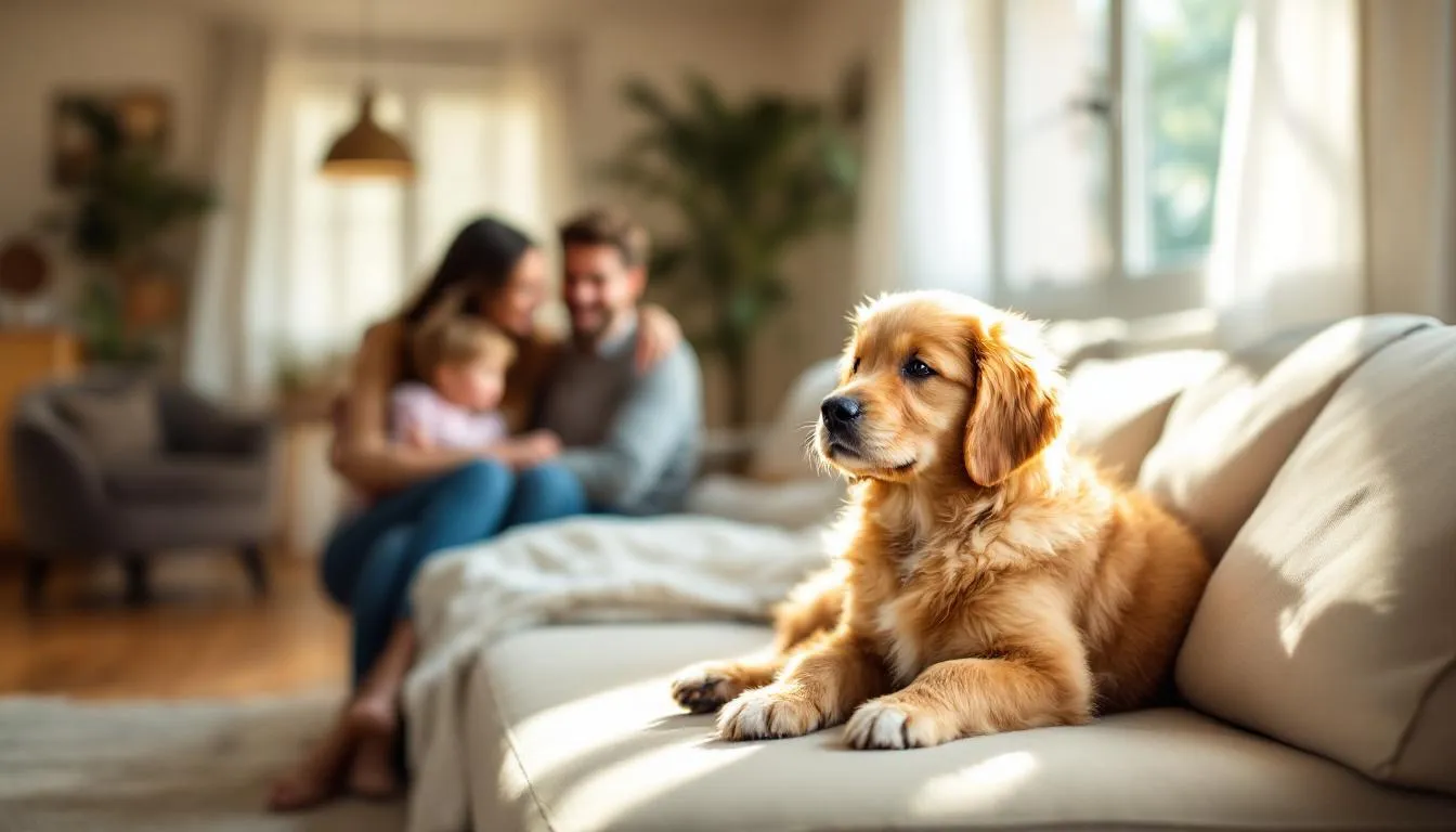 A small golden doodle sits comfortably in a cozy living room surrounded by a family, showcasing its charming personality and fluffy coat. The scene captures the warm bond between the mini goldendoodle and the very young children, highlighting the dog