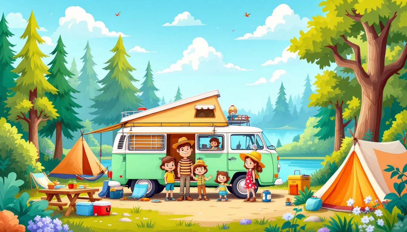 Safety tips for car campers illustrated with camping gear.