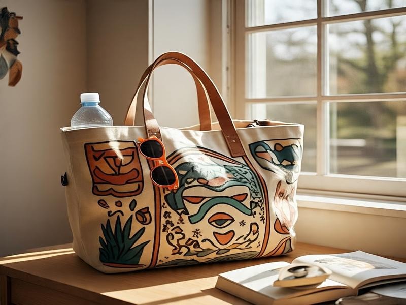 A canvas tote bag with colorful art sits by a sunny window. It has leather handles, orange sunglasses, and a water bottle. An open book and tape are nearby.