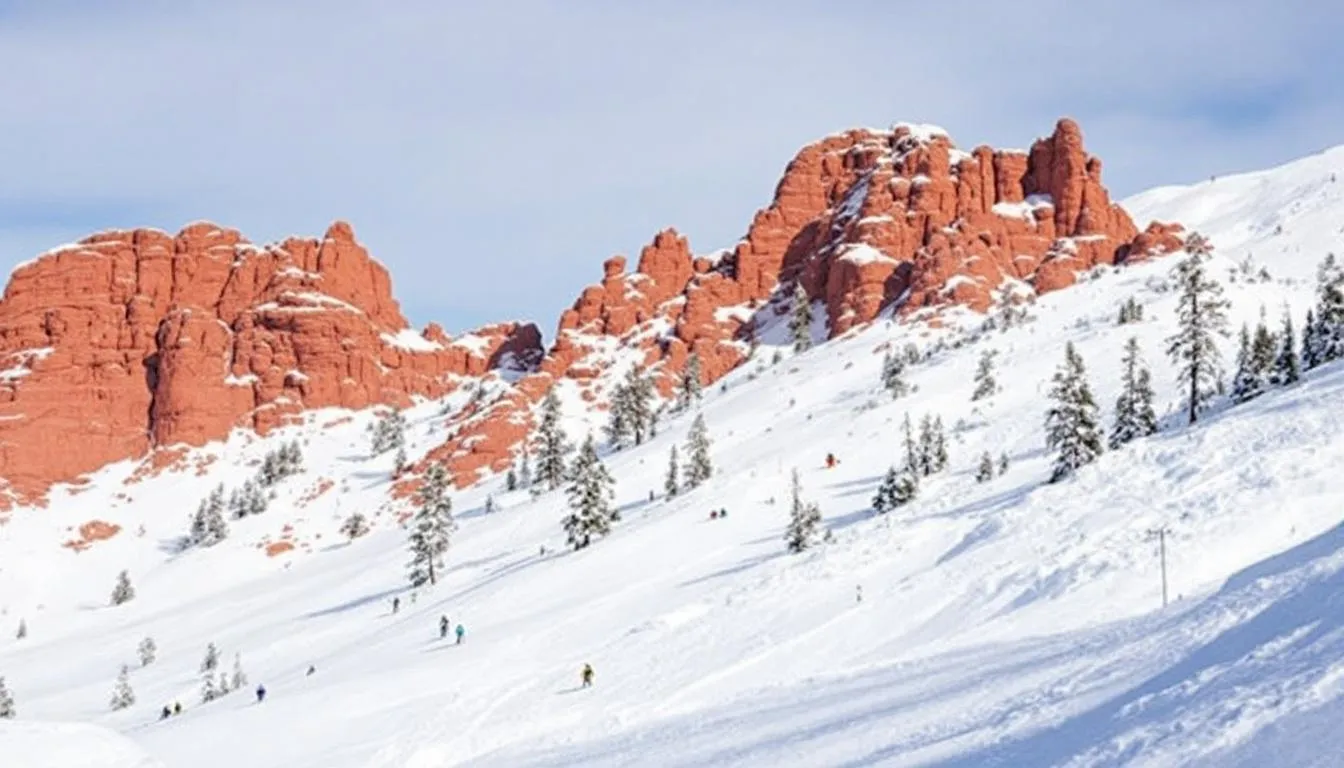 The image depicts snow-covered ski slopes at Brian Head Resort, with stunning red rock canyon views in the background, showcasing the beauty of this Utah ski resort. The scene captures the essence of winter activities, inviting families and ski enthusiasts to enjoy the spectacular scenery and outdoor fun.