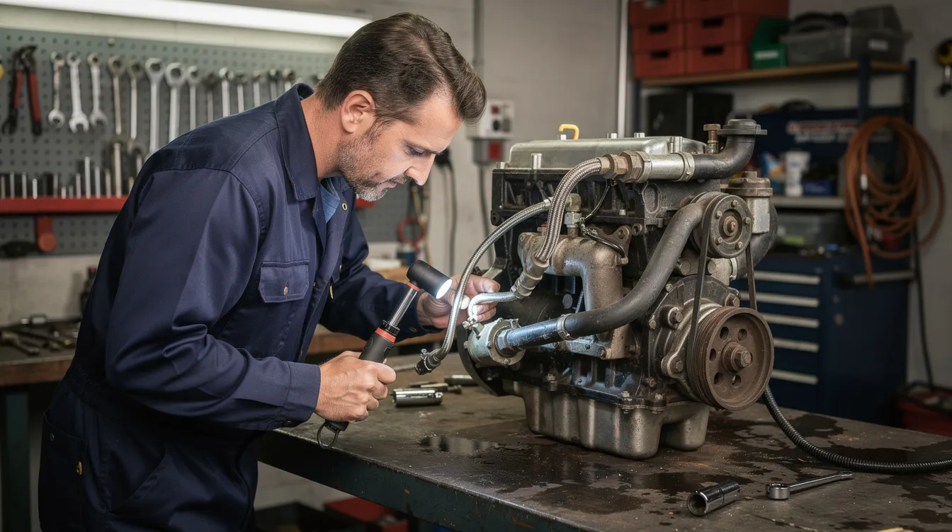 A mechanic is inspecting the fuel lines of a small diesel engine, specifically a Kubota model, in a workshop. The scene emphasizes the attention to detail required for maintaining components like the fuel filter and air filter to ensure cleaner emissions and optimal performance.